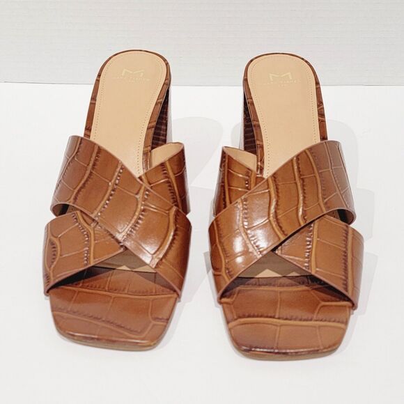 Marc Fisher Saydi Sandals Womens Sz 9 Croc Embossed Brown Square Toe Block Heels - Picture 2 of 15